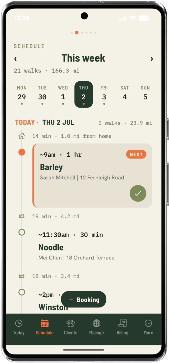 Schedule screen showing the day's walks with travel times and distances between clients