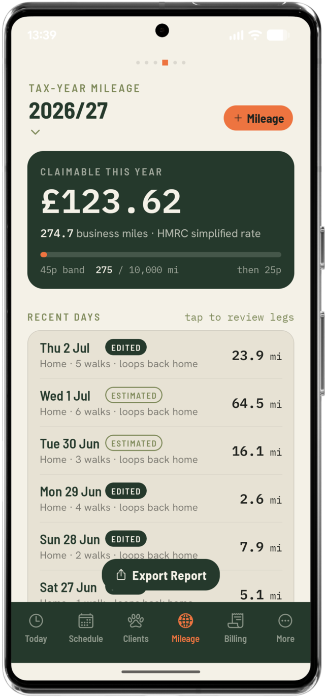 Mileage day detail showing the day's route stops and total miles at HMRC rates