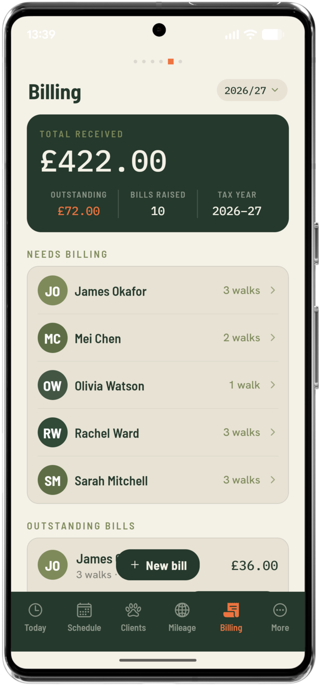 Billing screen showing outstanding invoices and payment status