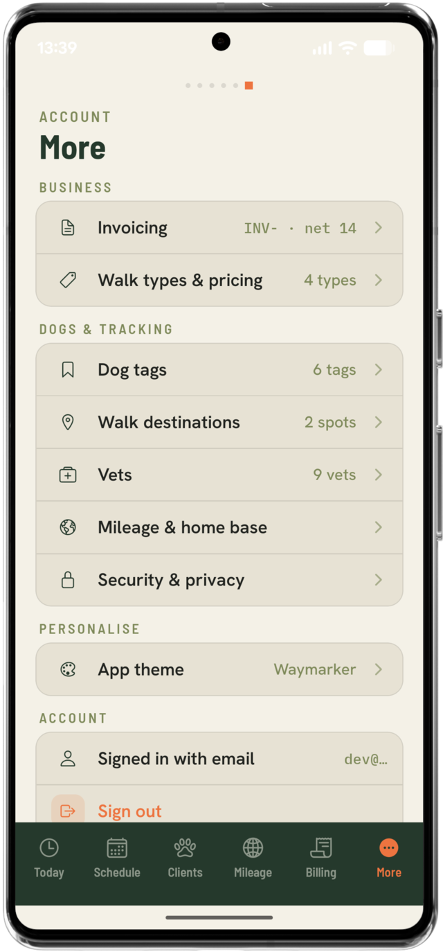 More screen showing invoicing, walk types, dog tags, walk destinations, vets, security and app theme settings