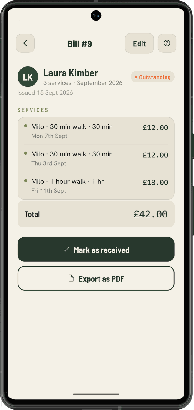 Bill #9 for Laura Kimber: three walks for Milo, each with its date, £42 total, with Mark as received and Export as PDF buttons