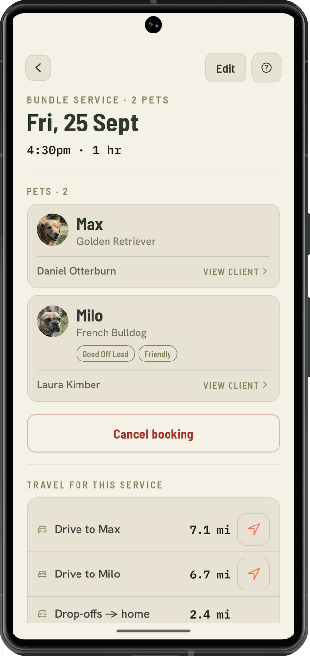 Booking detail for a bundled walk with Max and Milo from two different owners, a link to each client, and the drive to each pickup