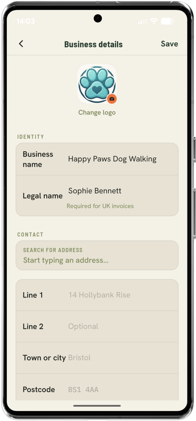 Business details screen for setting business name, logo and address on invoices