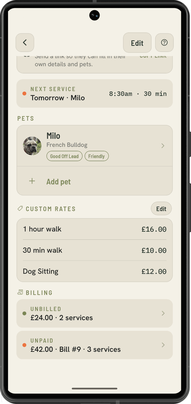 Client detail with custom rates for this client's service types, plus unbilled services and an unpaid bill