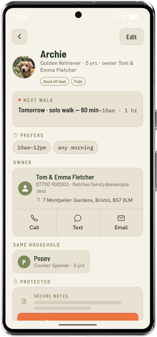 Dog profile for Archie showing tags, next walk, owner contact card and protected secure notes