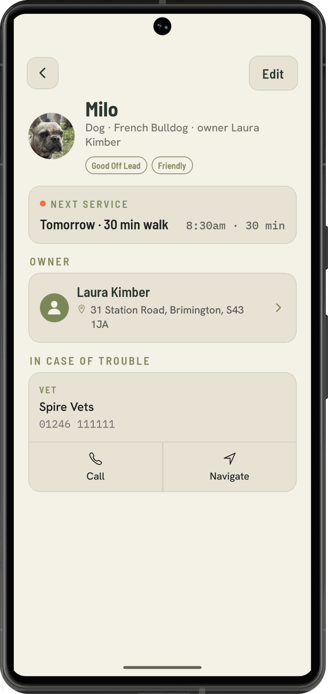 Pet profile for Milo: tags, next service, the owner and their address, plus the vet with call and navigate buttons