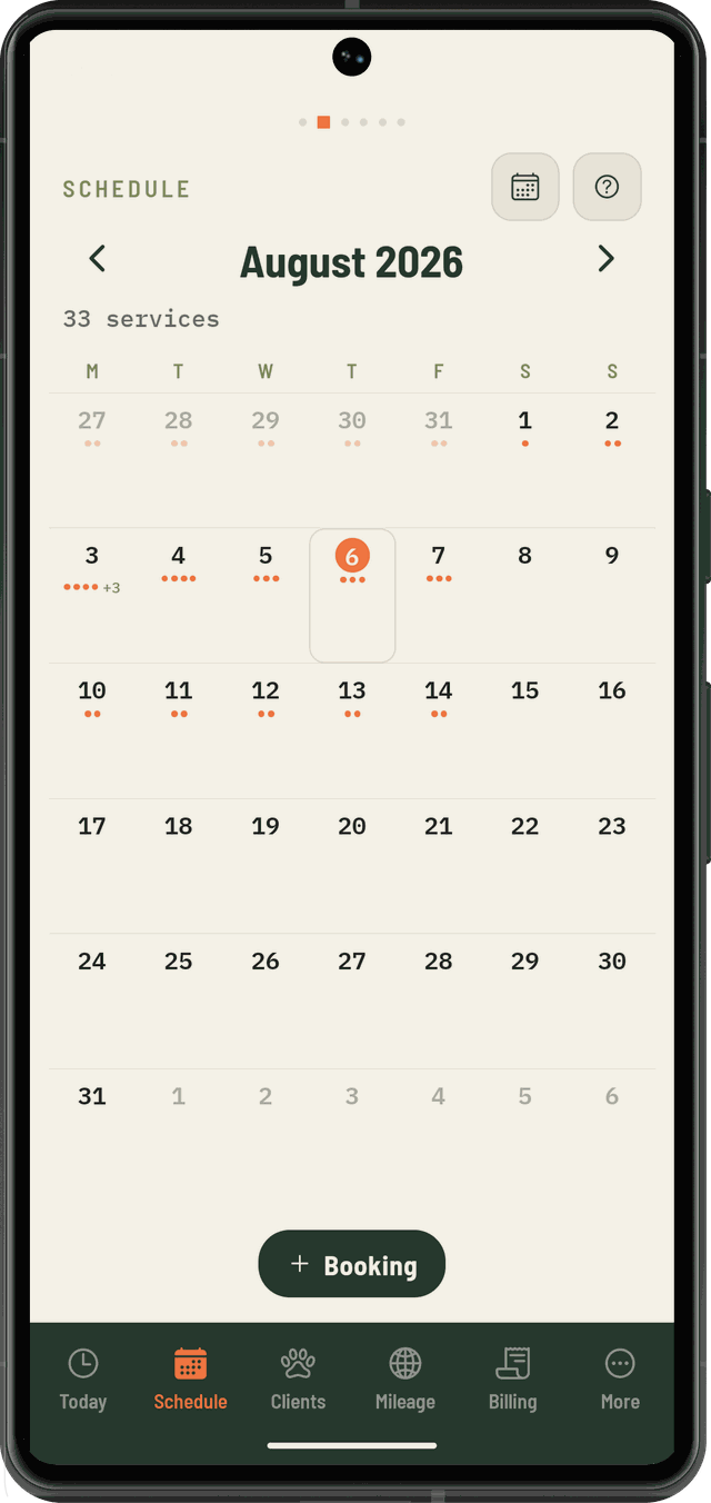 Schedule month view for August 2026 showing 33 services with a dot for each booking
