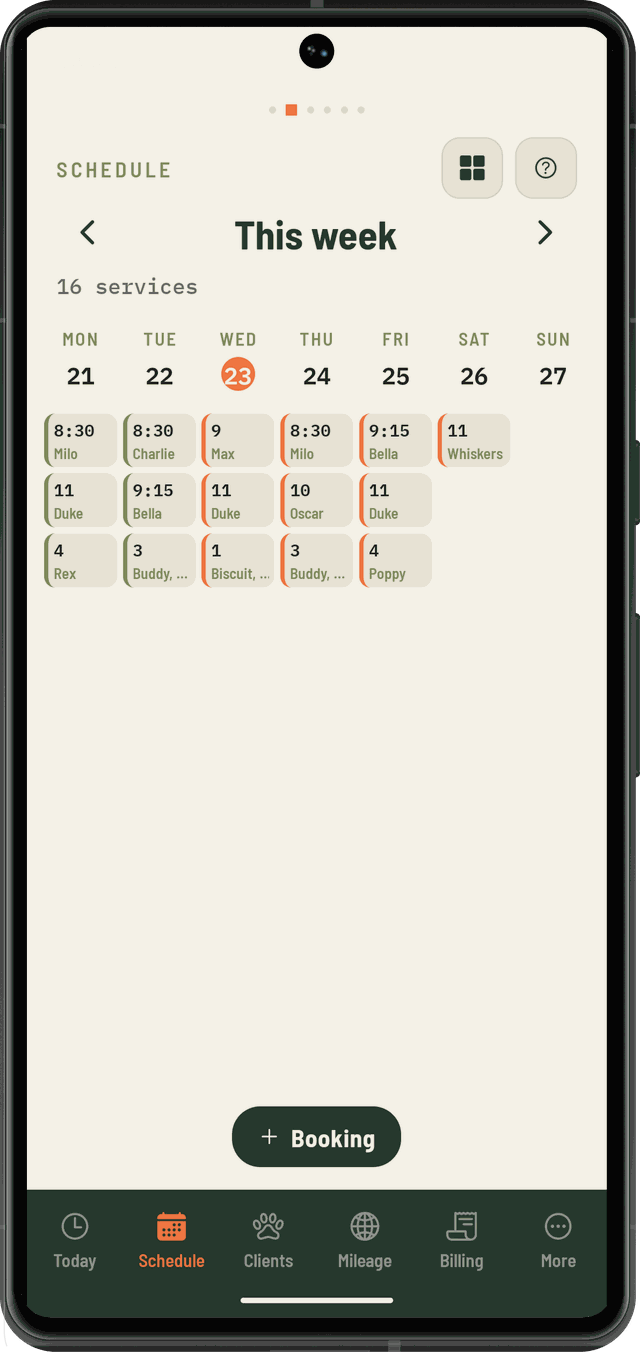 Schedule week grid: every day of the week side by side, each booking showing its time and pet, so gaps are easy to spot