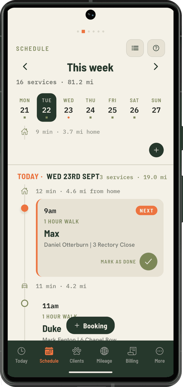 Barkerway schedule: this week's 16 services and 81.2 miles, with today's route laid out stop by stop, the drive time between each, and an add button for each day