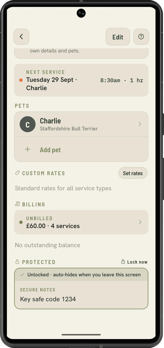 Client detail with secure notes unlocked, showing a key safe code and a note that it auto-hides on leaving the screen