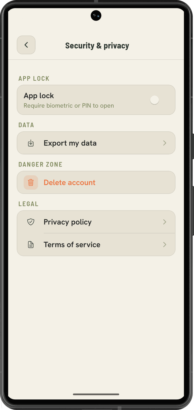 Security and privacy settings: app lock toggle, export my data, delete account, privacy policy and terms