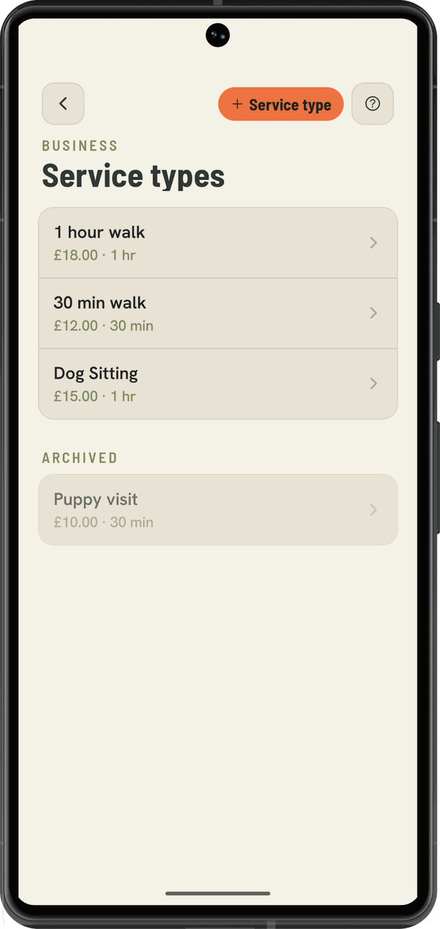 Service types: 1 hour walk, 30 min walk and Dog Sitting, each with a price and duration, and an archived Puppy visit