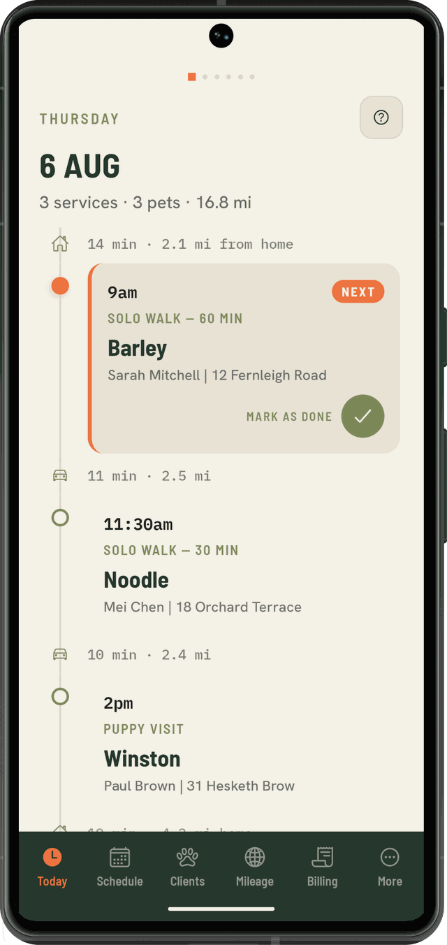 Today screen: 3 services, 3 pets, 16.8 miles, with a NEXT badge on the 9am walk and travel legs between stops