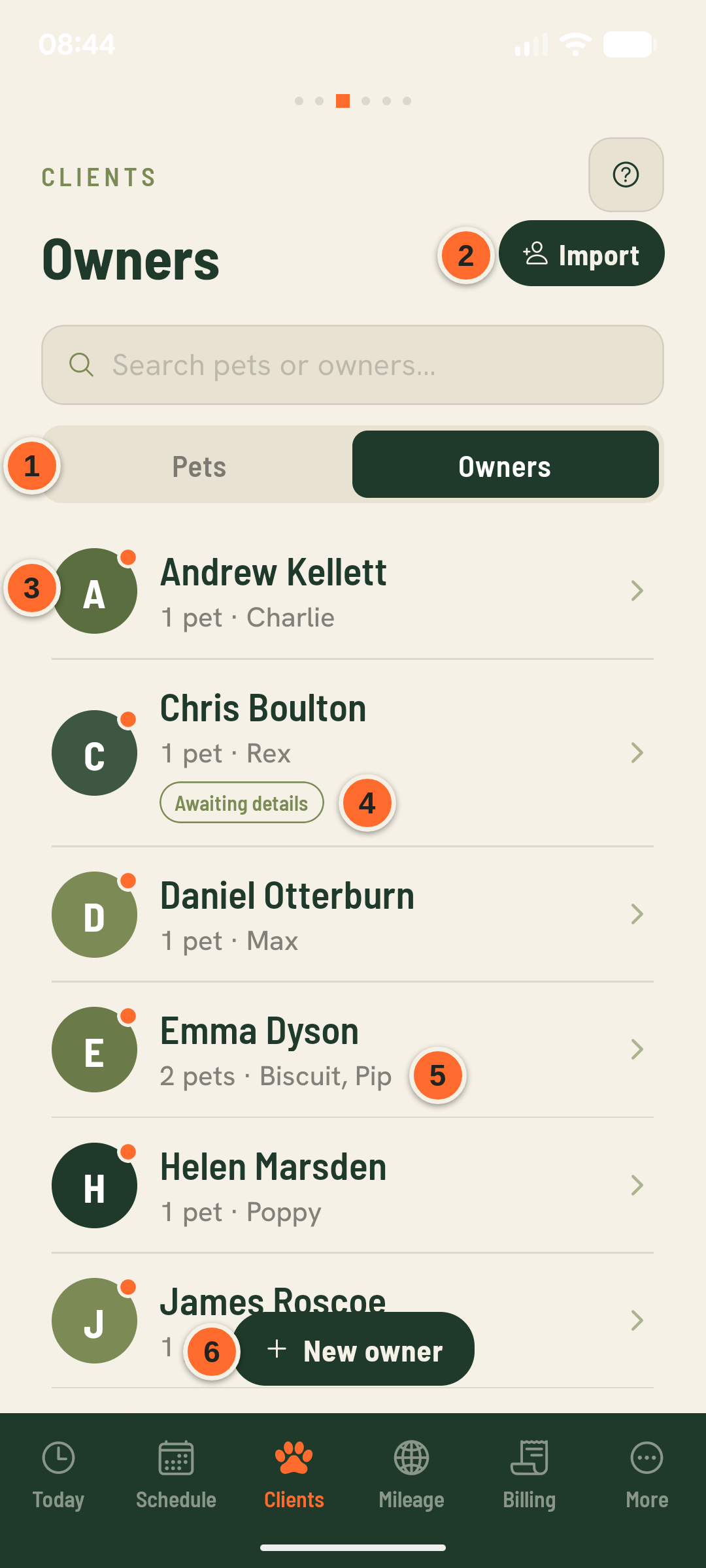 The Clients screen with numbered callouts on the Pets/Owners toggle, the Import button, the dot marking owners with billing to do, an Awaiting details marker, an owner’s pet list, and the New owner button.