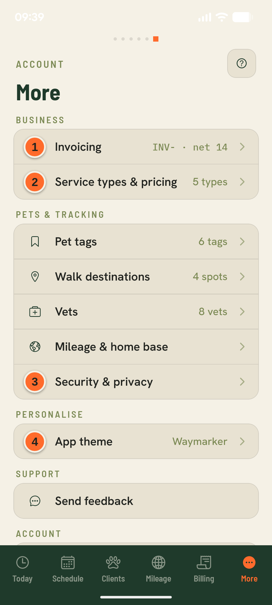 The More/Settings screen with numbered callouts on Invoicing, Service types & pricing, Security & privacy, and App theme.